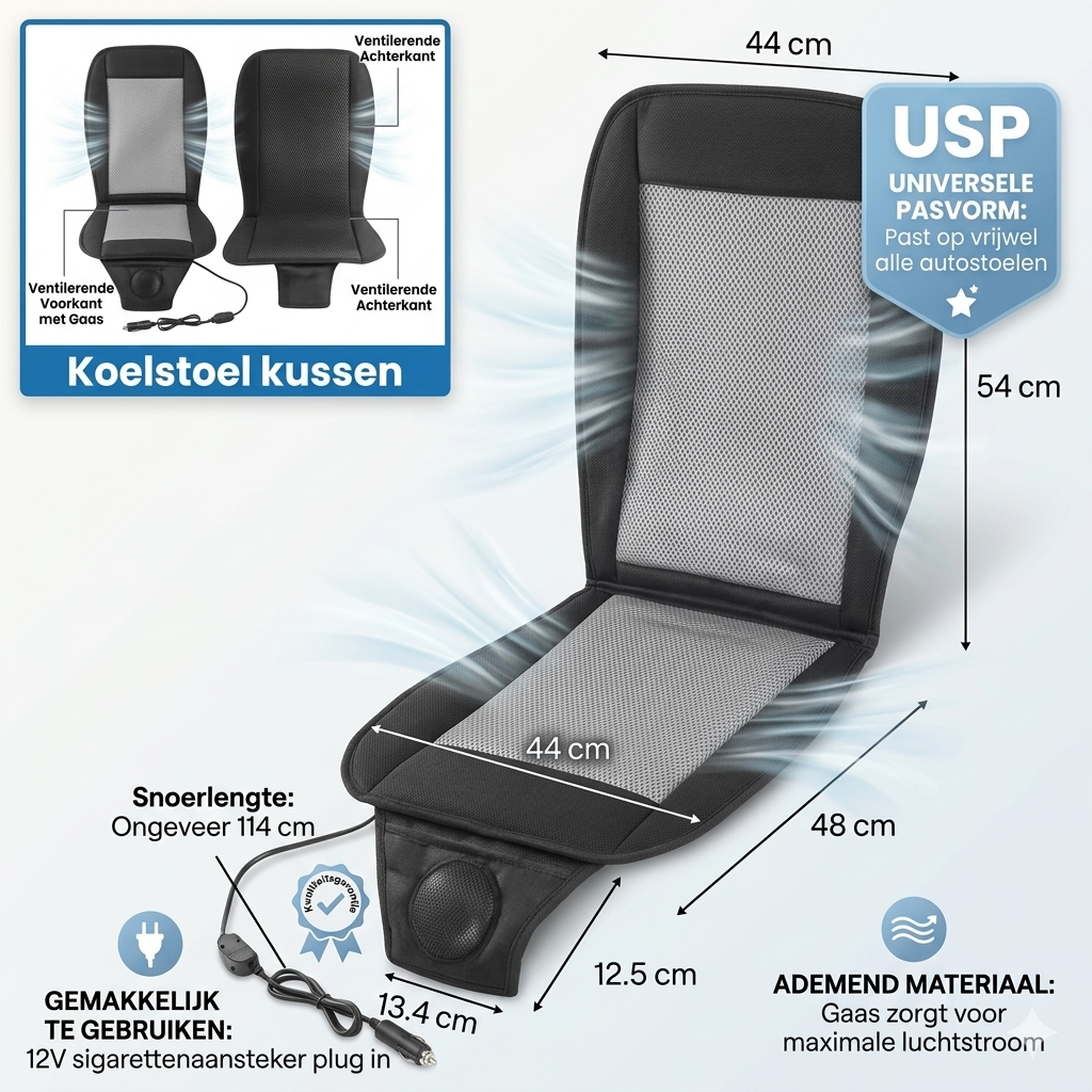 Koelstoelkussen Auto – Nooit Meer Zweten in de Auto 12V Ventilatie