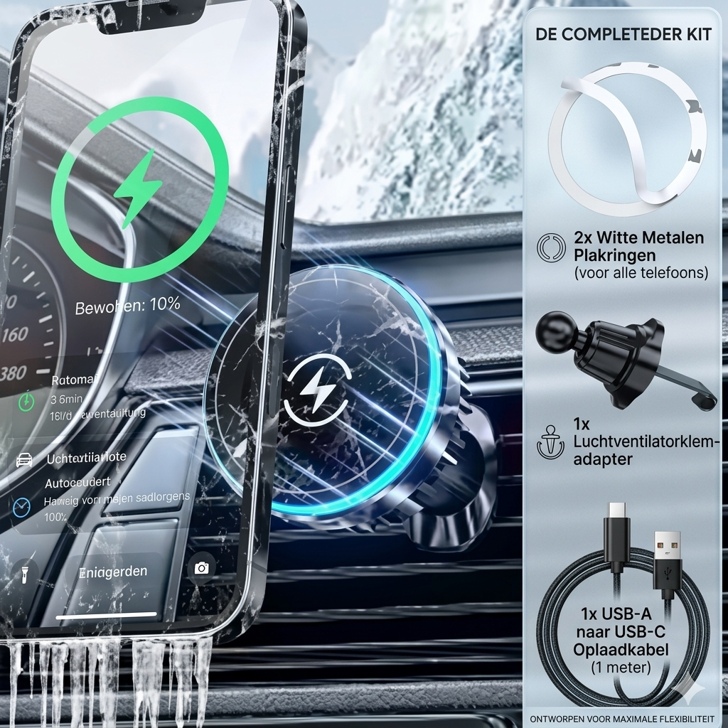 Draadloze Telefoonhouder Auto met Koeling– 15W Snelladen – iPhone MagSafe & Android (Samsung/Xiaomi/Pixel)