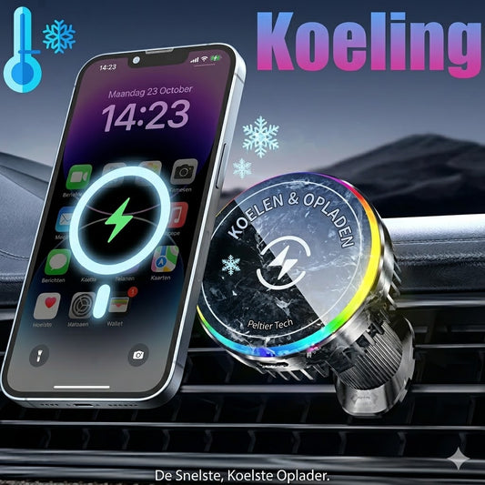 Draadloze Telefoonhouder Auto met Koeling– 15W Snelladen  – iPhone MagSafe & Android (Samsung/Xiaomi/Pixel)