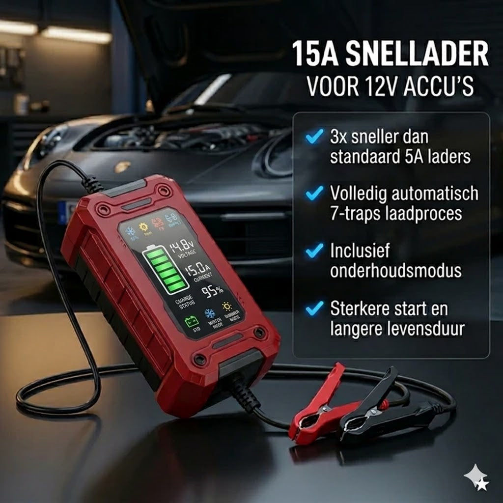 Slimme 12V Acculader 15A  Snel Opladen voor Auto, Motor & Camper
