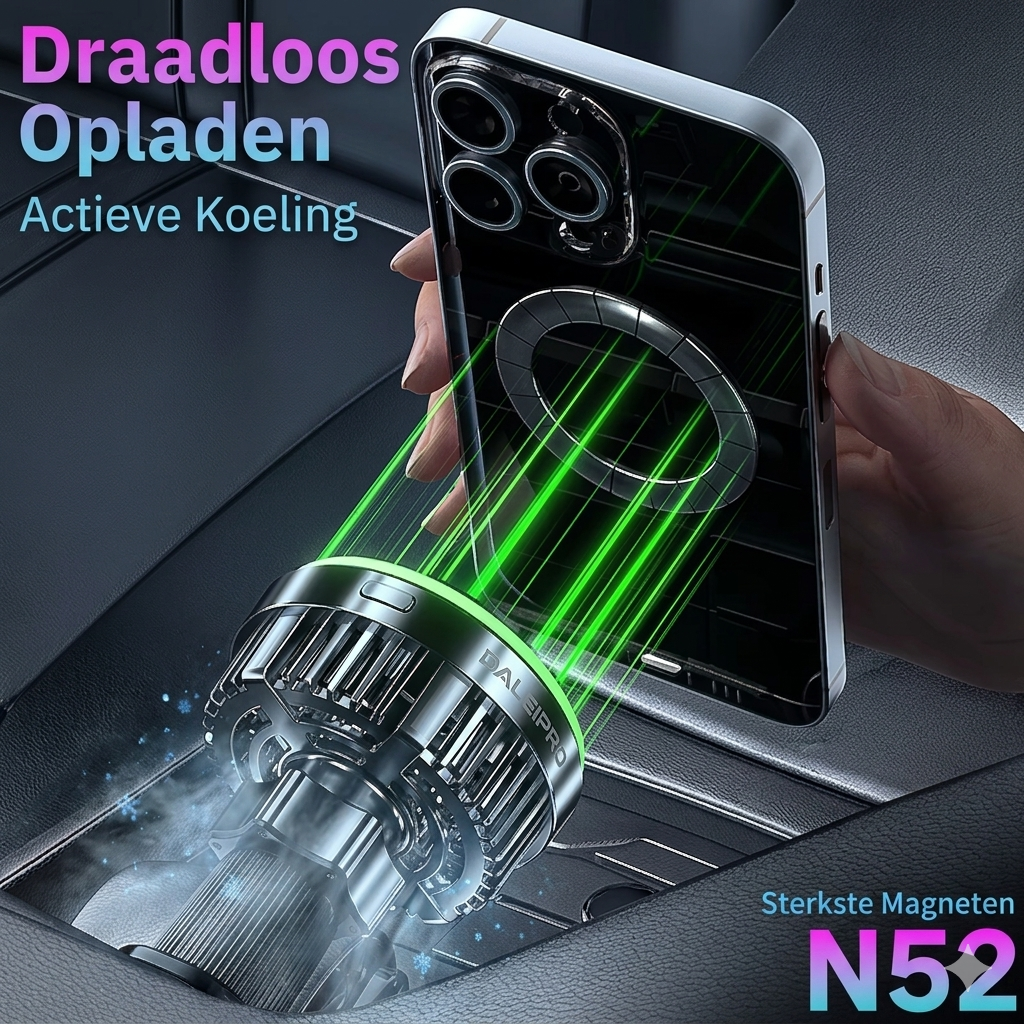 Draadloze Telefoonhouder Auto met Koeling– 15W Snelladen  – iPhone MagSafe & Android (Samsung/Xiaomi/Pixel)