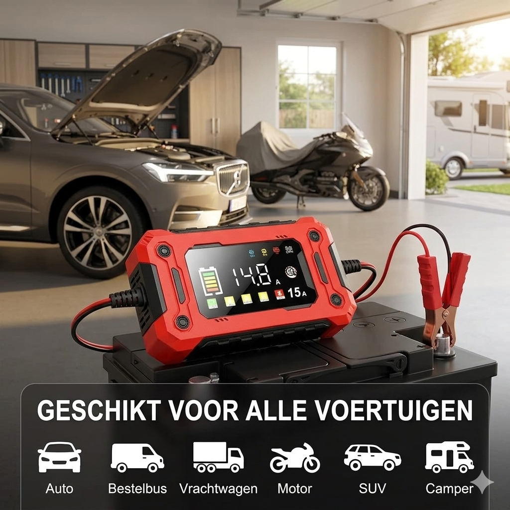 Slimme 12V Acculader 15A  Snel Opladen voor Auto, Motor & Camper