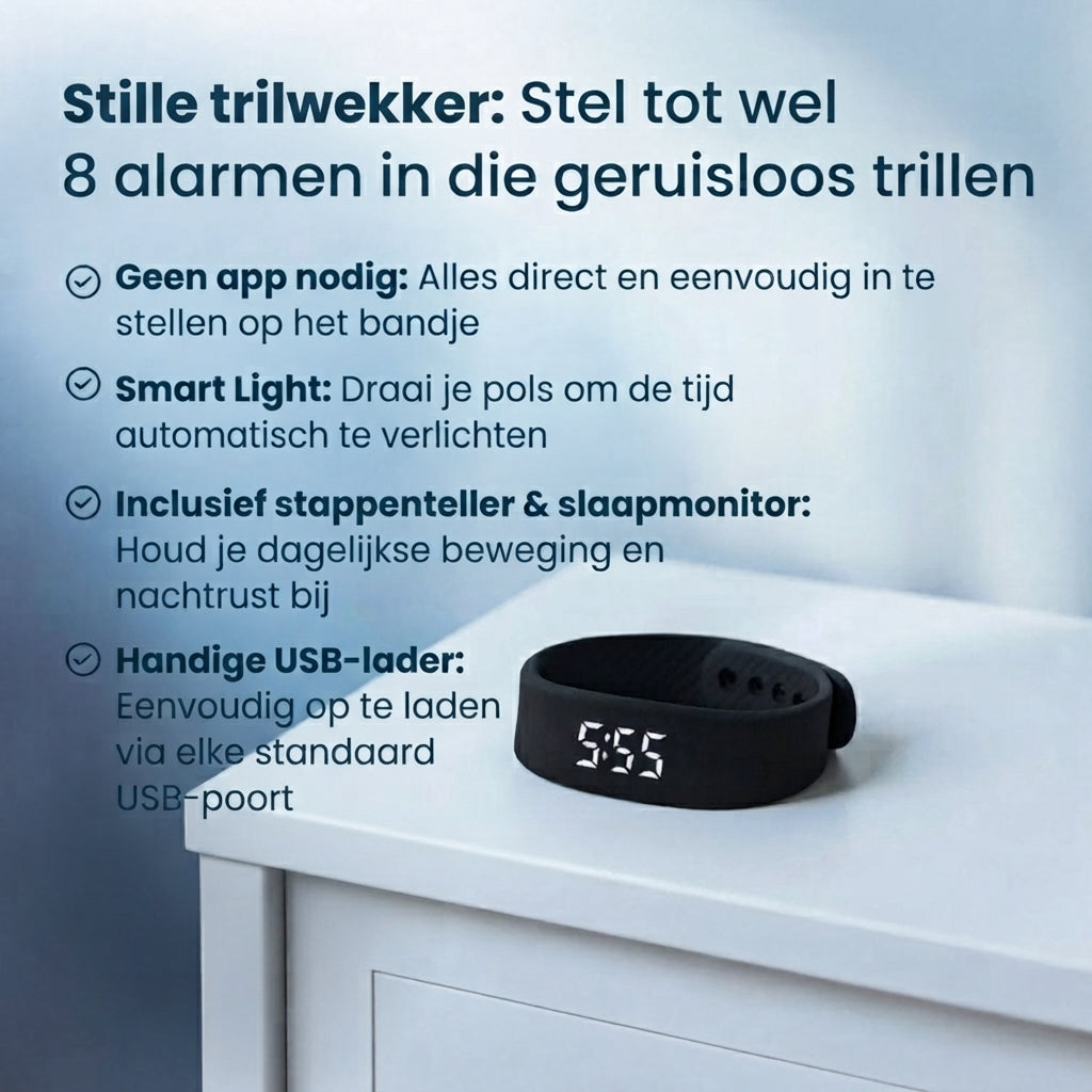 Stille Wekker Armband  Natuurlijk Wakker Zonder Partner te Storen (Zwart)