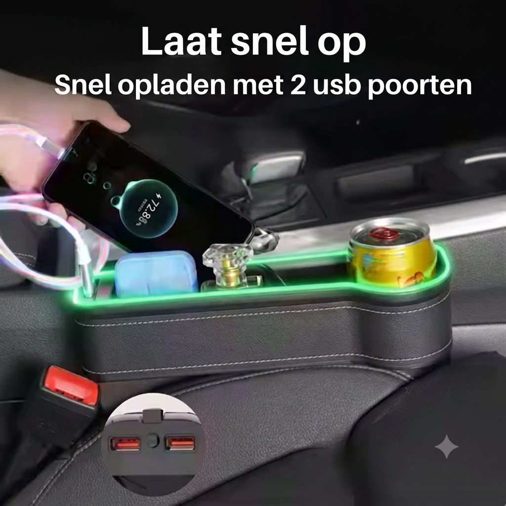 Anti-Verlies Auto Organizer (Met LED & Snellaad-poorten)