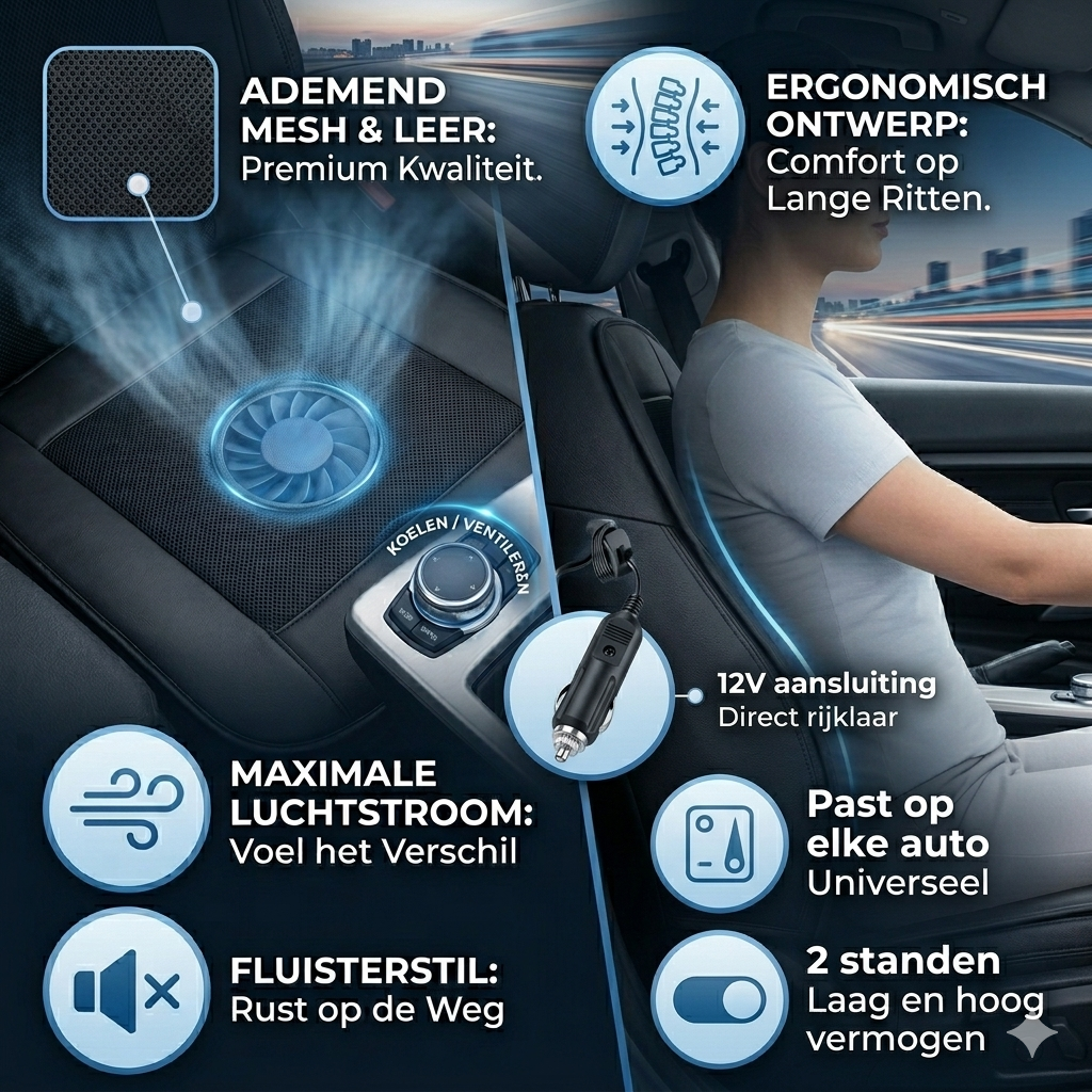 Koelstoelkussen Auto – Nooit Meer Zweten in de Auto 12V Ventilatie
