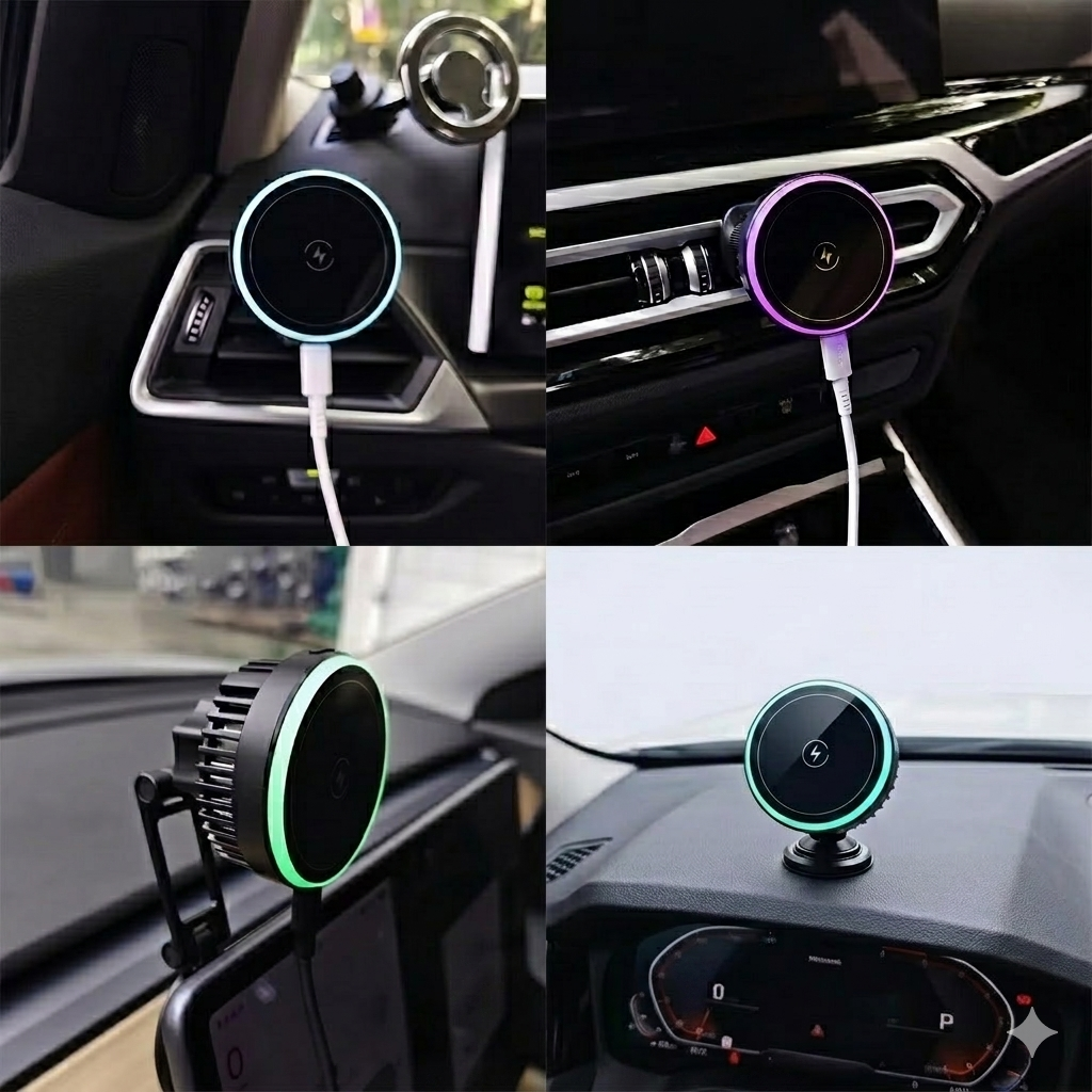 Draadloze Telefoonhouder Auto met Koeling– 15W Snelladen  – iPhone MagSafe & Android (Samsung/Xiaomi/Pixel)