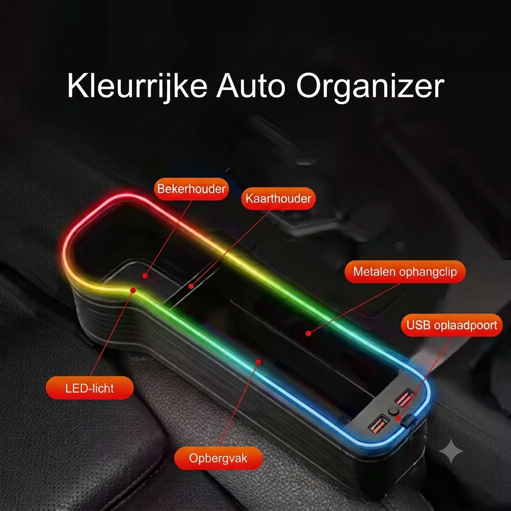 Anti-Verlies Auto Organizer (Met LED & Snellaad-poorten)