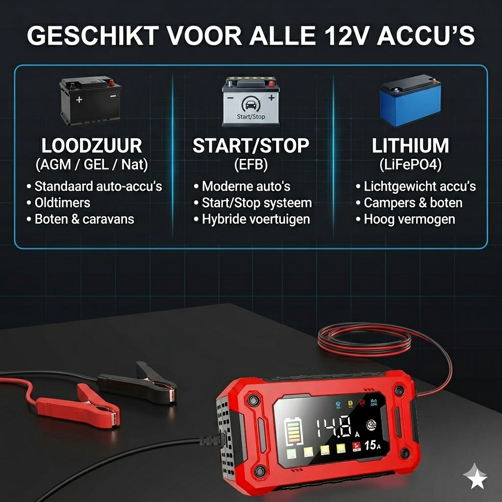 Slimme 12V Acculader 15A  Snel Opladen voor Auto, Motor & Camper
