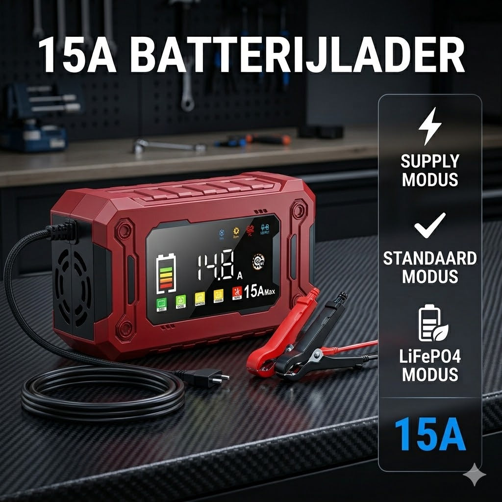 Slimme 12V Acculader 15A  Snel Opladen voor Auto, Motor & Camper